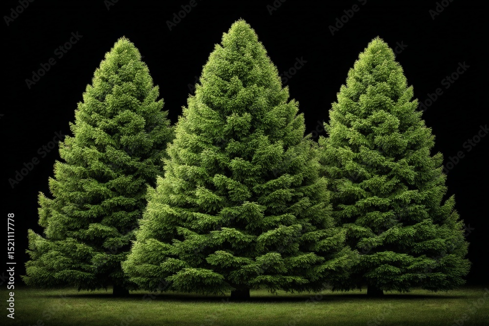 Poster Three lush green pine trees stand tall under a dark backdrop at twilight capturing summer's vibrancy and inviting serenity
