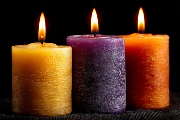 Colorful scented candles lit in a dark space creating a calming atmosphere during a relaxing evening