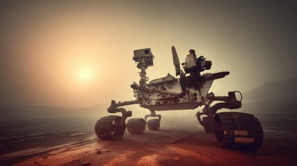 artistic professional photo of Mars rover in red dusty terrain at dusk, perfect lighting, realistic and cinematic style