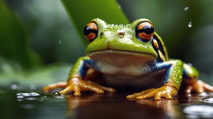 Macro shot of a green frog that is sitting on moss