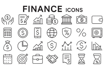 Fototapeta premium Finance and banking icons set featuring wallet, bank, investments, growth, money management, calculator, transactions, secure savings, and business icons set