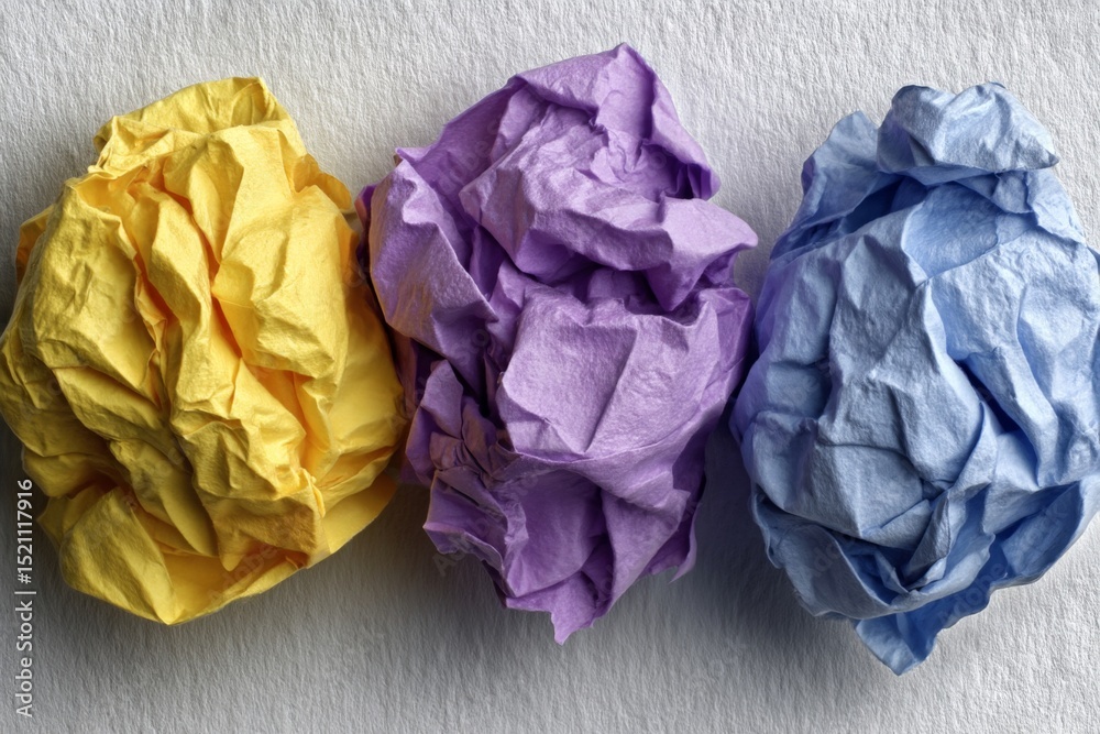 Poster colorful crumpled paper balls arranged neatly on a light surface showcasing creativity and potential