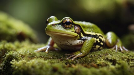 Fototapeta premium Macro shot of a green frog that is sitting on moss