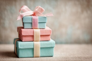 Three beautifully wrapped gifts stacked together in pastel colors on a textured background