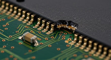 Close-up of a damaged circuit board showcasing intricate electronic components and soldering details