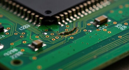 Close-up of a damaged circuit board showing a crack in the green PCB, highlighting electronic components
