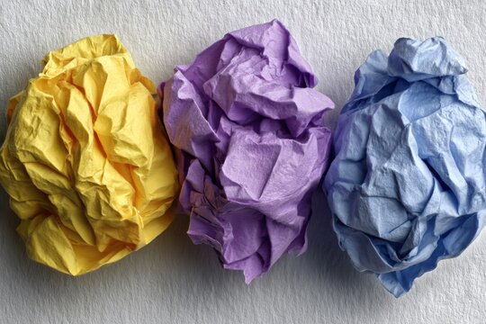 Colorful crumpled paper balls arranged neatly on a light surface showcasing creativity and potential for art projects