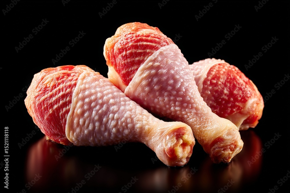 Aufkleber fresh uncooked chicken drumsticks on a dark reflective surface ready for seasoning and cooking in a 