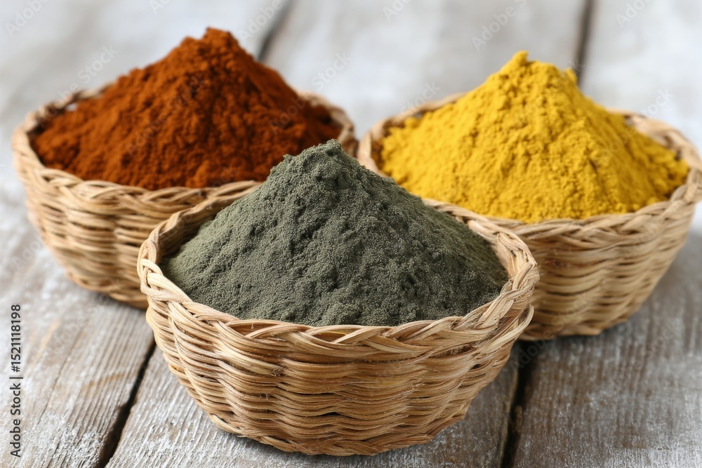 Poster colorful array of spices in woven baskets on a wooden surface for culinary exploration and flavor en