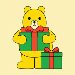 Fototapeta premium Yellow Teddy Bear Holding Red And Green Presents Vector Illustration