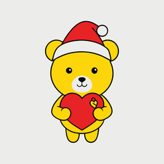 Yellow Teddy Bear In Santa Hat Holding Red Heart Vector Illustration