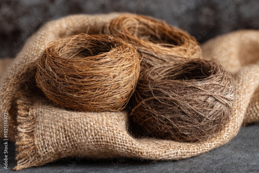Aufkleber natural fibers arranged on burlap showcasing the art of weaving in a cozy workshop setting