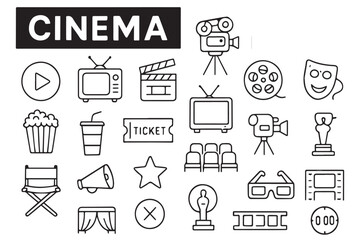 Fototapeta premium Cinema icons set featuring film, movie, popcorn, ticket, camera, director chair, 3D glasses, award, and theater symbols for entertainment, icons set