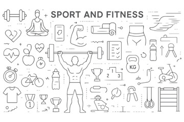 Comprehensive fitness icons set gym, workout, strength training, exercise, bodybuilding, health, sports, fitness goals, and personal trainer essentials