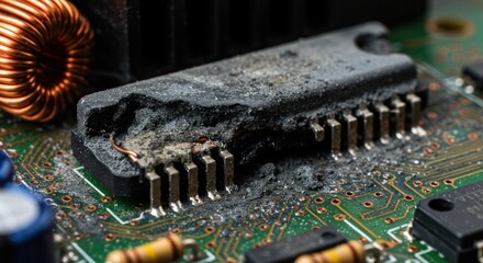 Close-up of a damaged electronic circuit board with a burnt microchip and dust accumulation