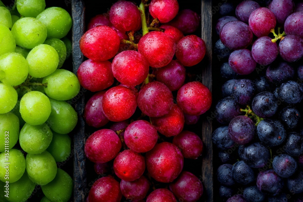 Poster vibrant assortment of fresh grapes in various shades displayed in wooden crates at a local market