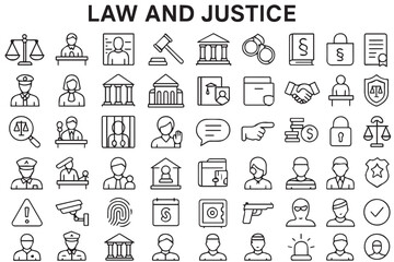 Legal and justice icons set gavel, courtroom, police officer, lawyer, trial, investigation, criminal law, crime scene, judgment, and court decisions