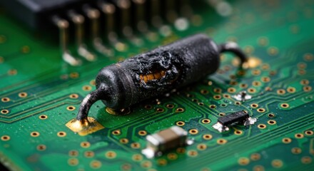 Close-up of a damaged electronic component on a circuit board highlighting technology and repair