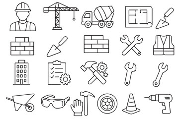 Obraz premium Building and construction icons worker, crane, tools, blueprint, safety equipment, hammer, wheelbarrow, and construction materials icons set