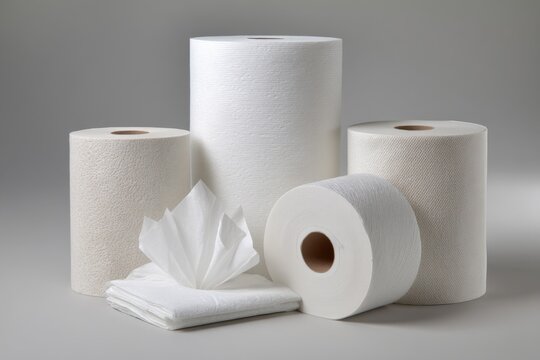 Various types of absorbent paper rolls and sheets displayed on a neutral background