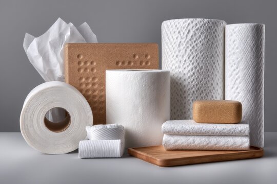 Various types of disposable paper products arranged on a neutral background for household and commercial use