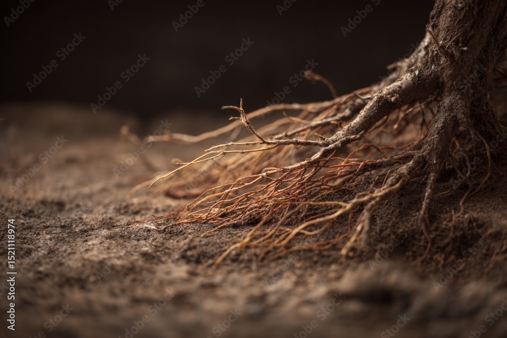 Poster Intricate network of tree roots emerging from rich soil during late afternoon light in a serene natural setting