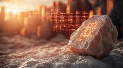 A glowing rock illuminated by sunset in a futuristic cityscape with digital patterns in the background