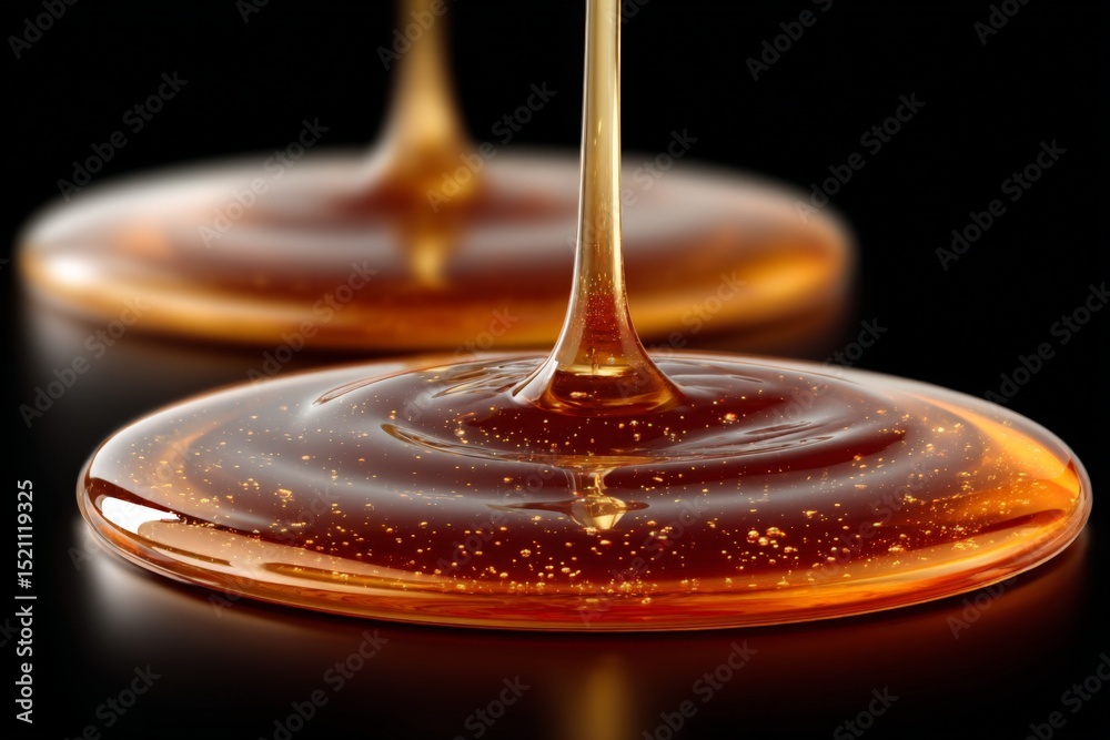 Aufkleber Golden syrup slowly drips down on a glossy surface creating a mesmerizing texture and shine in a well-lit setting