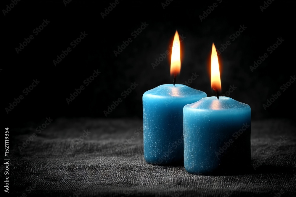 Poster blue candles emit warm light in a dark setting, creating a tranquil atmosphere for relaxation and me