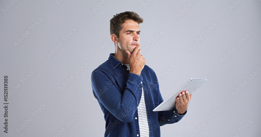 Poster search, tablet and man with thinking in studio for app decision, game download and planning. mockup,
