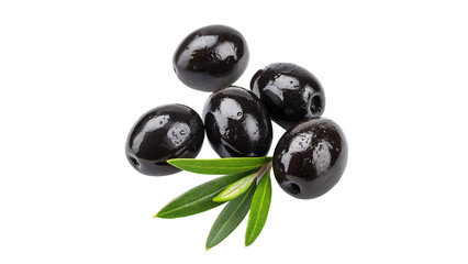 Black olives surrounded by leaves isolated on transparent background