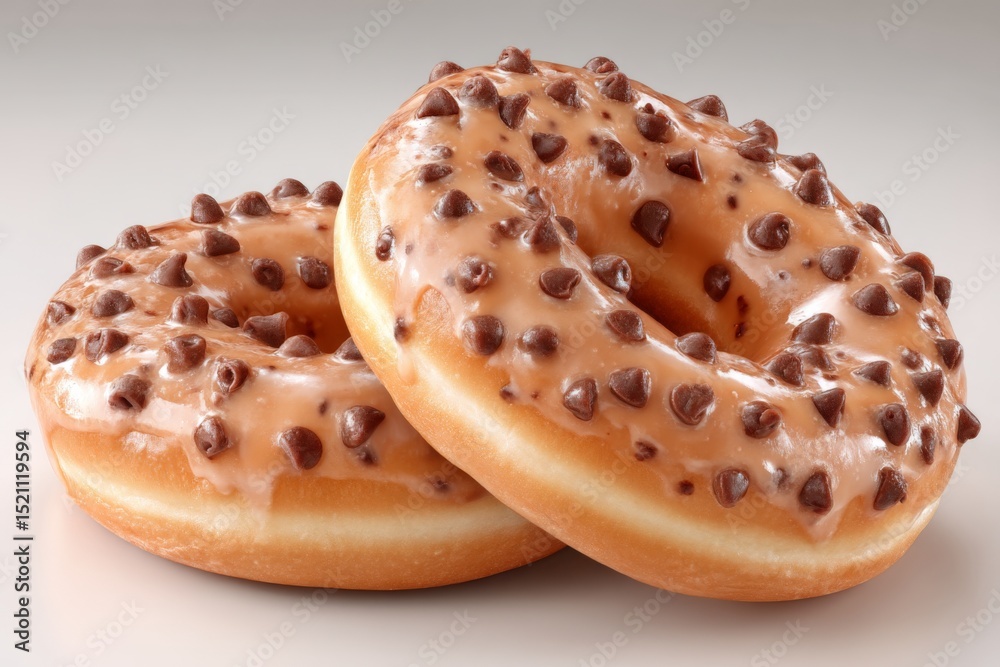 Poster delicious chocolate chip donuts stacked on top of each other with a glossy glaze in a bright setting