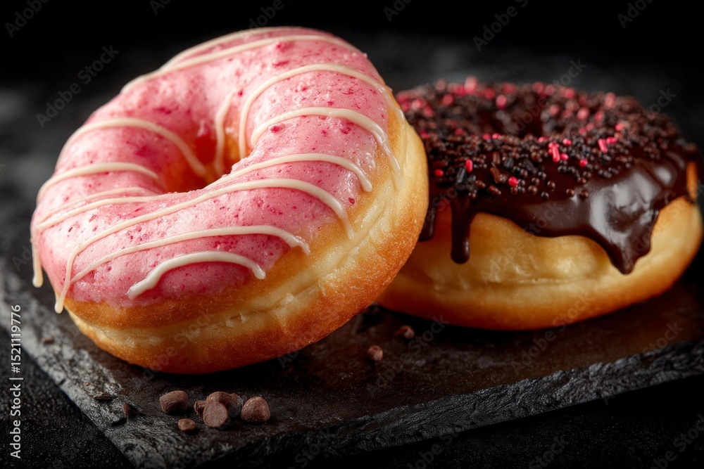 Poster Colorful donuts on a dark slate serving board create an appetizing display for dessert lovers in a bakery setting