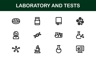 Laboratory and Tests Icon Set Featuring Vector Medical Equipment, Test Tubes, Microscope, and Science Symbols