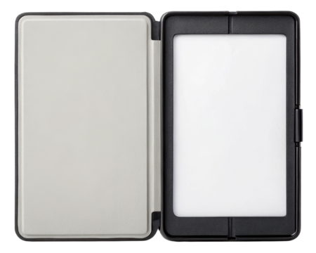 Stylish open blank e-reader with protective cover on wooden surface on a transparent background