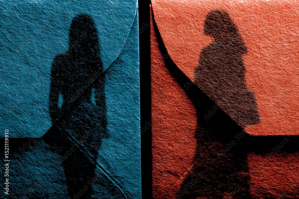 Poster shadows of figures emerge from folded paper in contrasting colors, symbolizing duality and perceptio