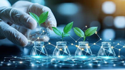 Hand experimenting with plants in scientific bottles on connected network