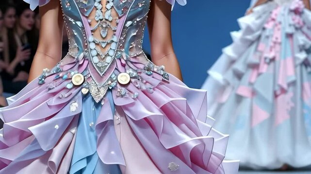 Close-up of detailed fantasy-style pink and purple corset dress with ornate decorations against blue background. Concept of high fashion and fairytale aesthetic