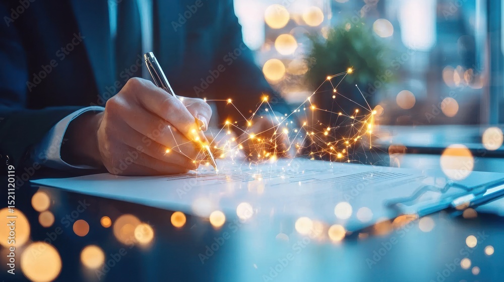 Poster Man is signing document with network visualization overlayed