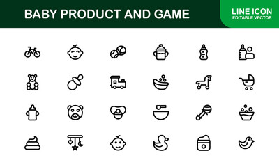 Vector Icons Collection for Baby Products and Games Including Toys, Rattles, Pacifiers, and Play Elements