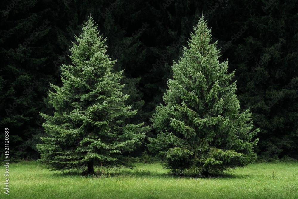 Poster two evergreen trees stand side by side in a lush green meadow surrounded by a dense forest