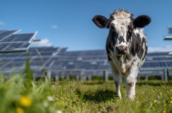 Cow grazing near solar panels clear sky