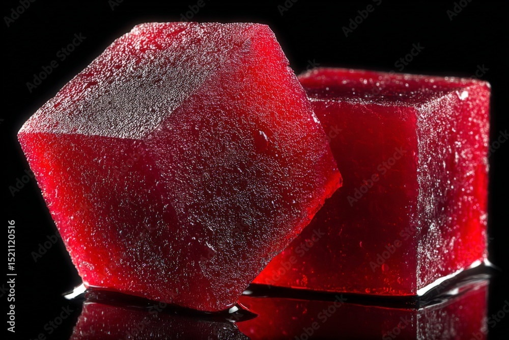 Poster red gelatin cubes glistening on a reflective surface with a dark background enhance their vibrant ap