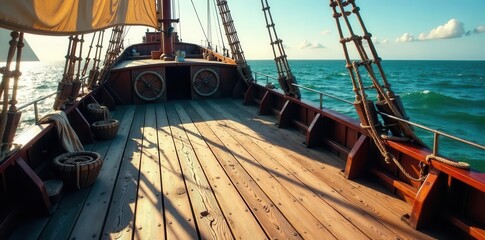 Naklejka premium Sun-bleached pirate ship deck, loose planks, frayed ropes, wooden, ship, worn