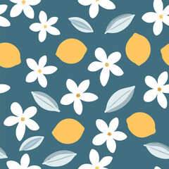 Lemon and white flower pattern with blue leaves on light blue background seamless pattern for fabric, textiles, clothing, wallpaper, cover, banner, home decor, florals backgrounds
