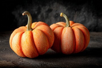 Vibrant orange pumpkins displayed on a dark stone surface with a textured background highlighting their seasonal beauty