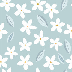 White floral pattern with blue leaves on light blue background seamless pattern for fabric, textiles, clothing, wallpaper, cover, banner, home decor, florals backgrounds