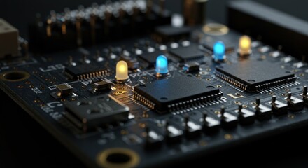 Close-up of a modern circuit board with illuminated LEDs, showcasing intricate electronic components
