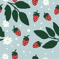 Strawberry and flower pattern on dark green background seamless pattern for fabric, textiles, clothing, wallpaper, cover, banner, home decor, florals backgrounds