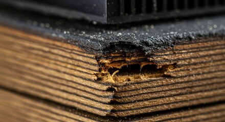 Close-up of damaged wooden surface with visible wear, revealing texture and decay